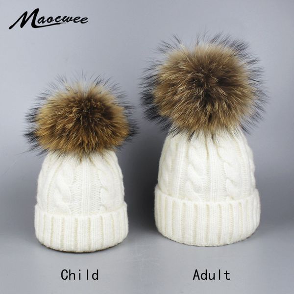

girls pom pom hats real raccoon fur pompon hat wool autumn winter warm skullies caps hats for women children baby beanie hat