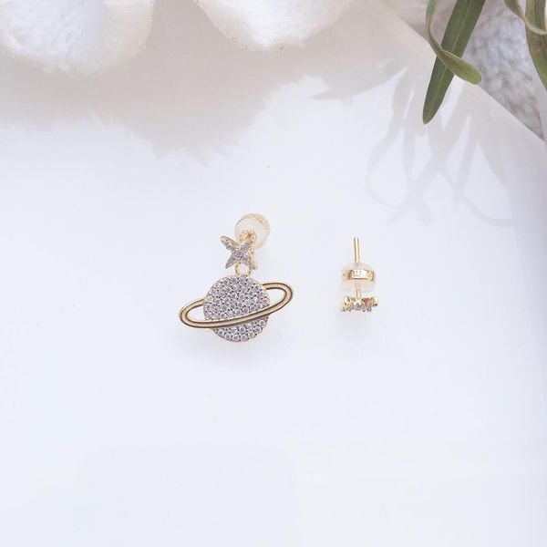

luxury jewelry s925 sterling silver needle earrings planet stars shape asymmetrical charm stud earrings for women fashion, Golden