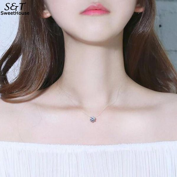 

fanala necklace women invisible rhinestones transparent fishing line chain pendant necklaces fashion jewelry collier femme 2018, Silver