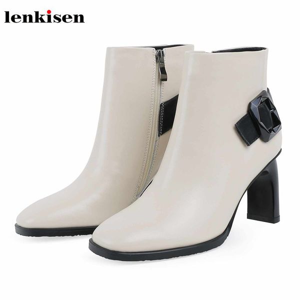 

lenkisen genuine leather high heels square toe buckle straps gentle beauty lady winter women warm ankle boots l3f2, Black