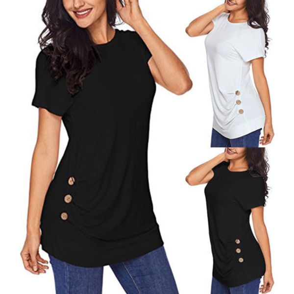 

Fashion Women LadiesTops T-Shirt Short Sleeve O-Neck Cotton Blend Button Black White Solid Ladies Summer Casual Tee