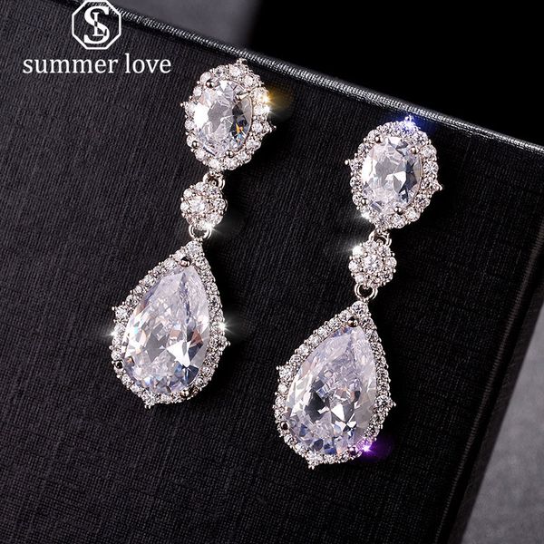 

waterdrop copper inlay zircon dangle earring for women girl elegant cz micro pave gold drop earring bride wedding party jewelry, Silver