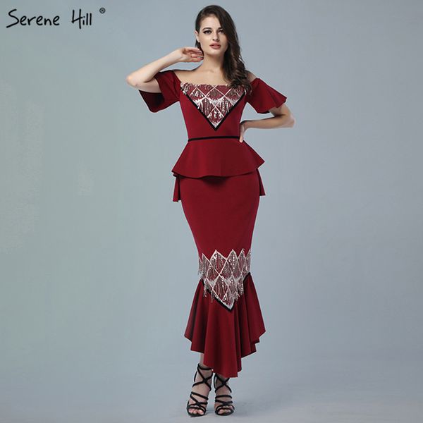 

wine red short sleeves mermaid evening dresses design 2019 sequined off shoulder evening gowns serene hill qa8033, White;black