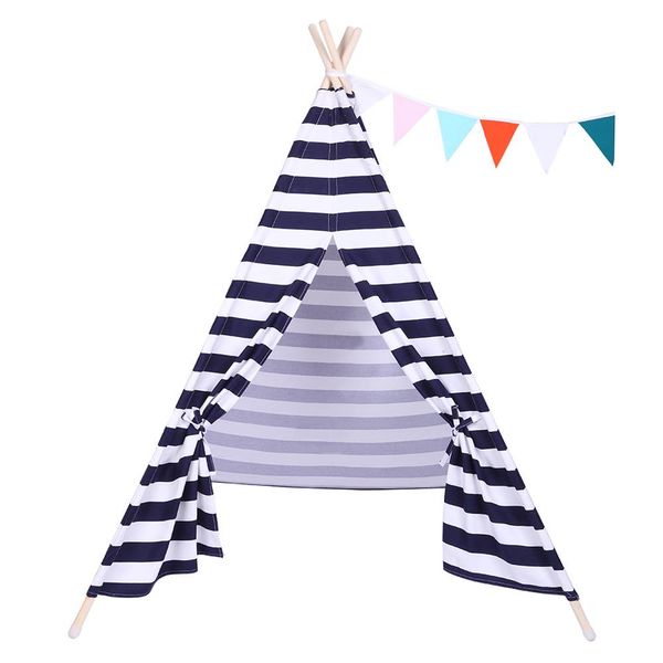 

indian tent children teepee tent baby indoor dollhouse with small coloured flags roller shade and pocket blue and white stripes