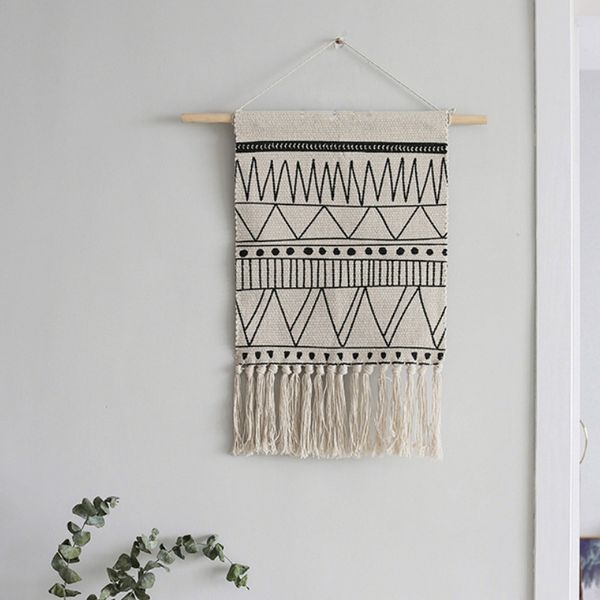 

dunxdeco hanging flag fnordic geometric white black lines tassels modern home office store wall decoration p prop
