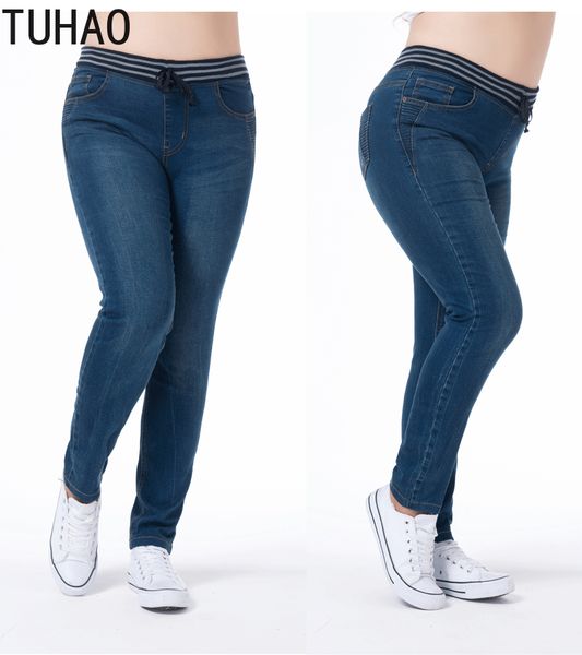 

tuhao 2019 spring cotton jeans woman large size 5xl 6xl 7xl women jean big size push up jean women denim pants trousers, Blue