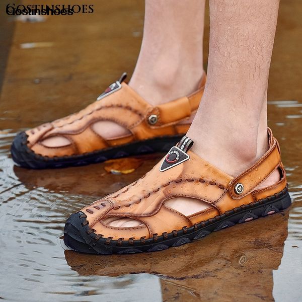 

mens sandals genuine leather large size casual fashion sandalias playa mens sandals summer, Black