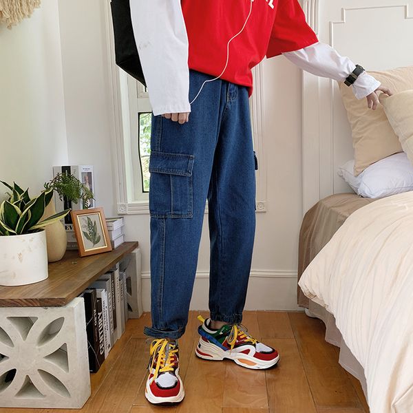 

men's jeans wholesale 2021 denim casual boys men hong kong style korean wild feet beam pants loose brand, Blue