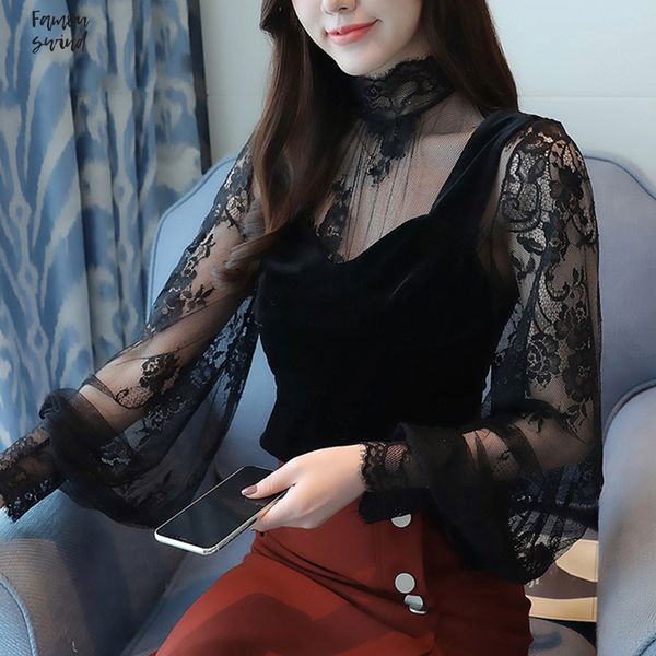 

блуза blusas mujer moda 2019 осень новый взгляд кружева bottom top бархатный жилет женщин рубашка sexy черный de 1450 45, White