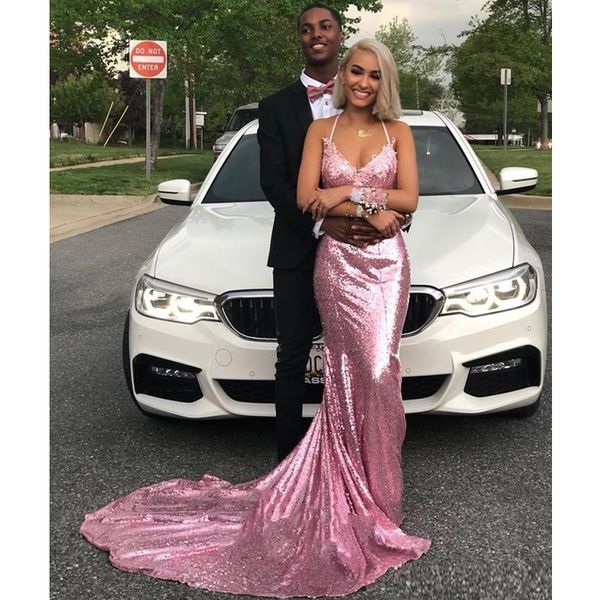 

halter sweetehart prom dresses with applique backless long sweep sequined evening gowns maid of honor dress, Black;red