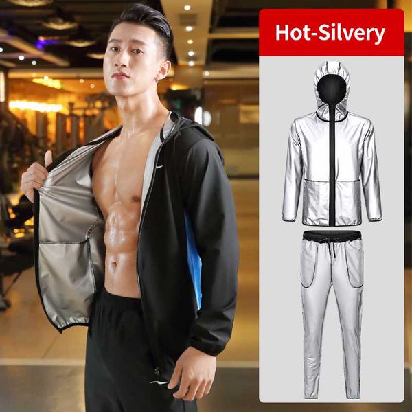 

new sports suit mens gym running jackets pants set outdoor fitness training clothing lose weight slimming sauna sportswear 2pcs, Black;blue