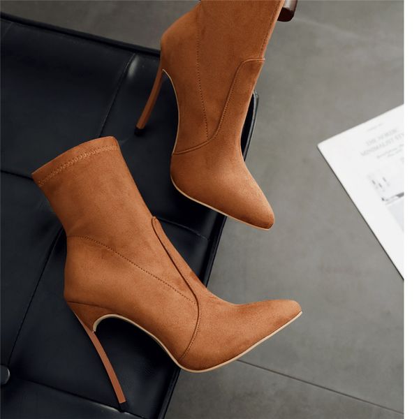 

2019 women 11.5cm high heels ankle fetish sock boots plus size 42 thin heels winter boots stiletto suede scarpins brown shoes, Black