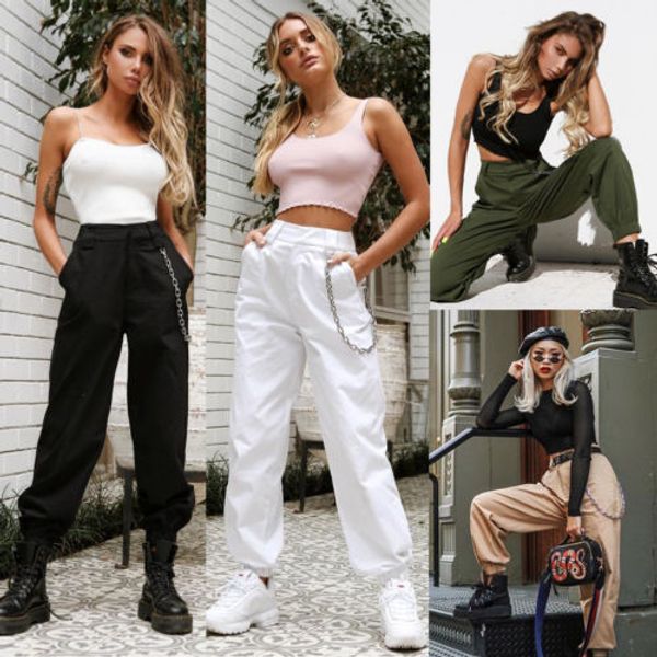 

fashion women cargo utility work hiking army multi pockets chic high waist casual ladies pants, Black;white