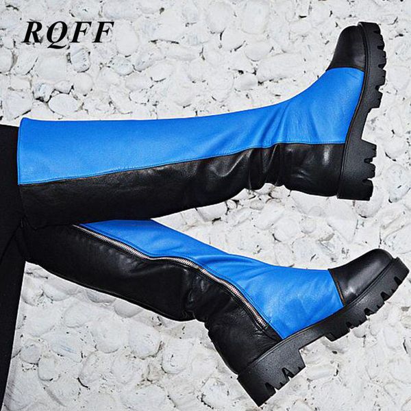 

blue white knee-high boots women fashion pu leather round toe boot patchwork plus big size 10 mixed color winter new shoes woman, Black