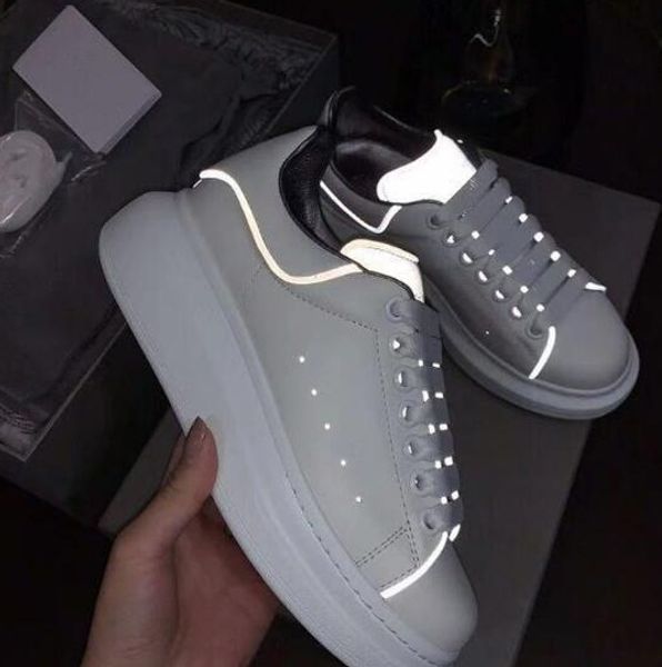 

shinny fluorescent luminous reflective 3m white casual shoes platform sneakers men women leather comfort leisure ladies chaussures with box, Black