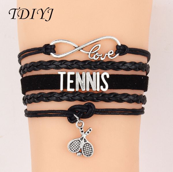 

tdiyj trendy multilayer infinity love twisted leather bracelet with slide charms tennis and racket pendant 6sets/lot, Golden;silver