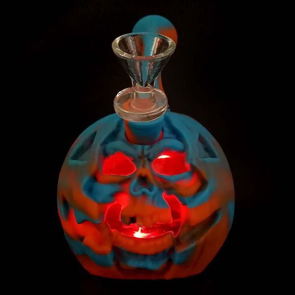 

6" Череп тыквы кальян Halloween Dab Rig Силикон бом мазок вышке со стеклянной чашей свет СИД портативный