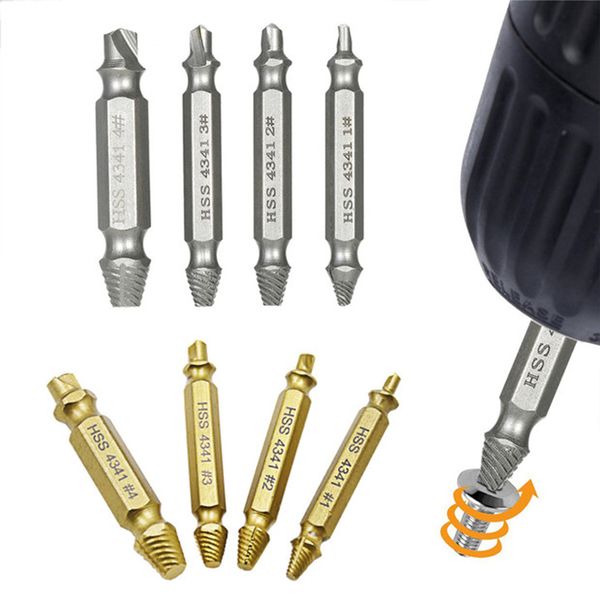 

8 pcs damaged screw extractors set, broken screw stripped bolt remover, hss 4341# 58-60 hrc hardness - gold, silver