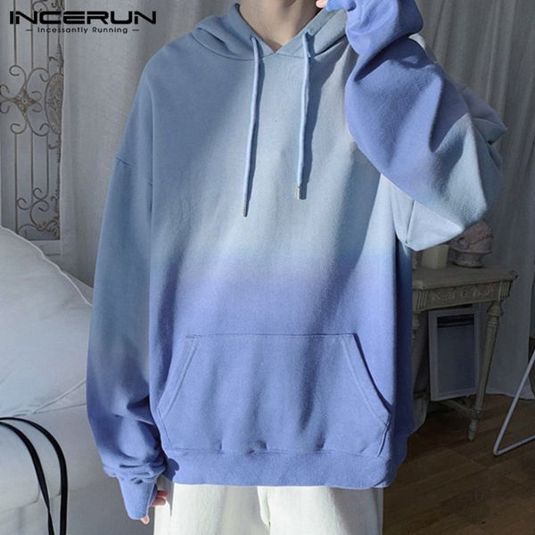 

incerun autumn men gradient long sleeve hooded sweatshirt fashion joker comfort baggy mens casual pullover hoodies big pockets, Black