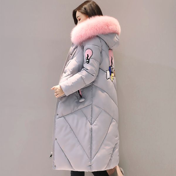 

2017 fur collar women long winter coat female warm wadded jacket womens outerwear parka casaco feminino inverno, Black