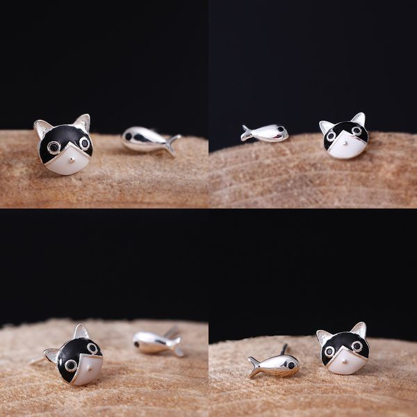 

925 s серебро асимметрия серьги лаконичный темперамент черный кот и рыба уха ногтей женщина падение клей технологии серебряные ювелирные изд, Golden