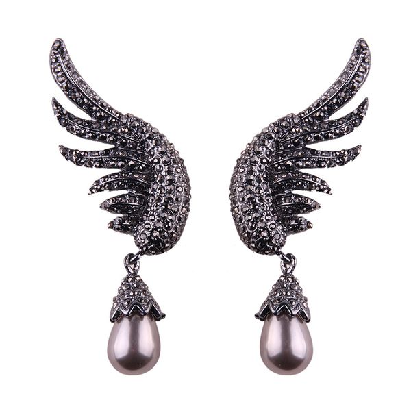 

wholesale- designer exaggerated glittering full rhinestone crystal lovely angel wings drop pearl pendant stud earrings for women girls, Golden;silver