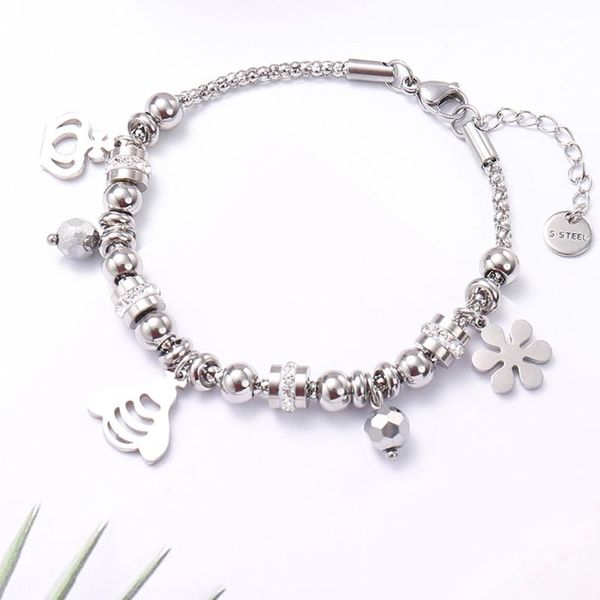 

cute bee stainless steel bracelet silver color beads popcorn chain crystal flower crown charm women jewelry birthday gifts, Golden;silver