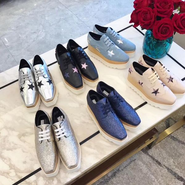 

stella mccartney women elyse shoes real wood wedge real genuine leather platform oxford size 34-39, Black