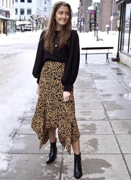 

printed asymmetric hem midi skirt stretch waist woman fashion skirts 2019, Black