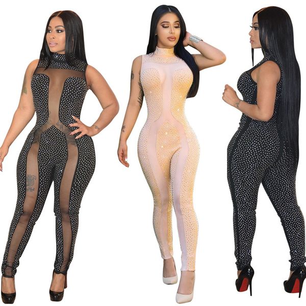 

women mesh sheer jumpsuit rhinestone rompers clubwear sleeveless panelled bodysuit fashion skinny one piece pants new style 1175, Black;white