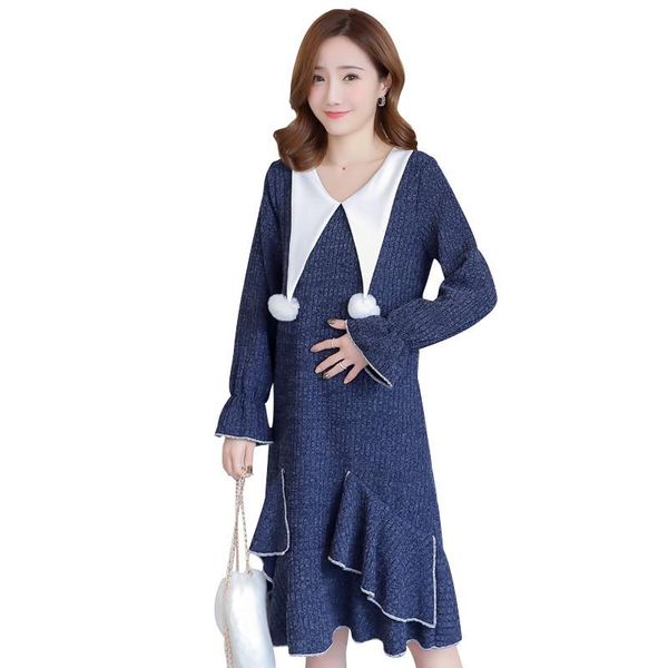 

2019 autumn maternity long sleeve knit dress pregnant women ruffles ball plus velvet dress pregnancy breast feeding clothes q334, White
