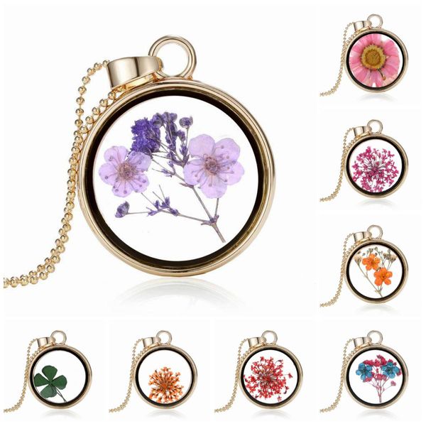 Collana con ciondolo Moda Piuttosto romantico Cristallo Medaglione galleggiante Collana con ciondolo a forma di pianta di fiori secchi Collane con medaglione di fiori