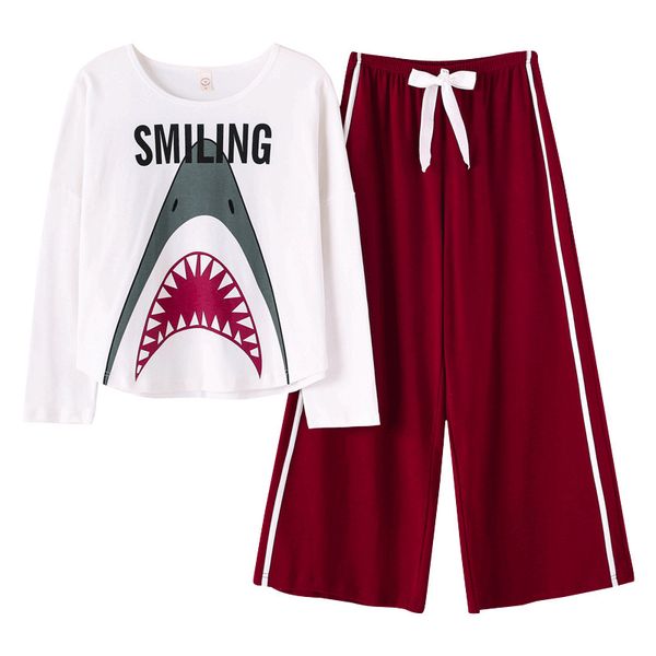 

autumn winter women pajamas set long sleeve cotton home wear sleepwear suit night leisure wide leg pants pyjama femme, Black;red