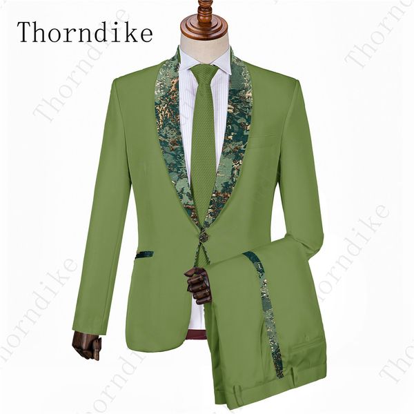 

thorndike army green men suit with camouflage shawl lapel suit men 2 pieces set (jacket+pants+gift tie) groom man host wear, White;black