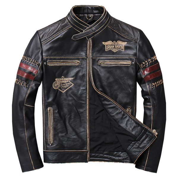 

2019 vintage black men slim fit motorcycle leather jacket plus size xxxl genuine cowhide spring natural biker coat ing