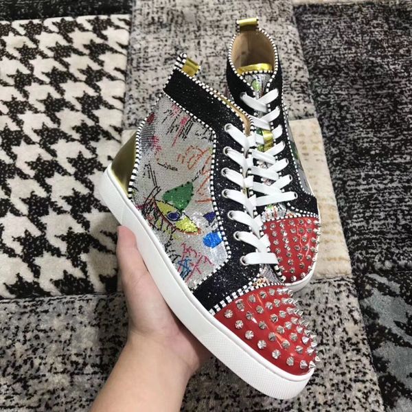 

золотой stud бусины шипы высокие кроссовки обувь женщины, мужчины red bottom shoes designer повседневный walking оригинал размер коробки: 35, Black