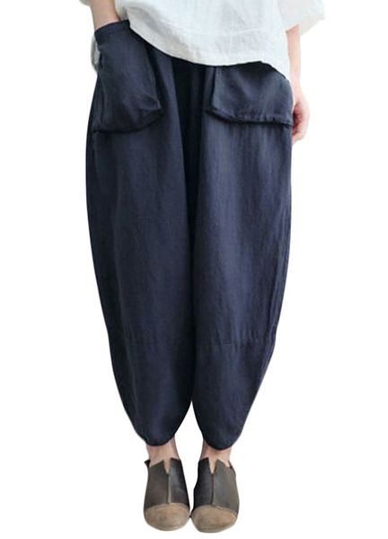 

vintage women harem pants elastic waist solid wide leg trousers baggy loose cotton linen pants g12119db-3xl, Black;white