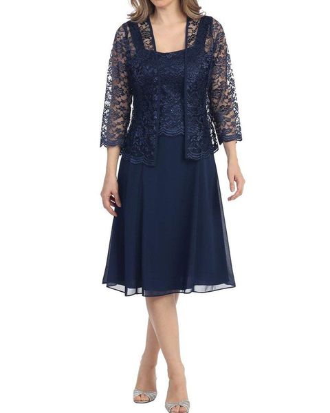 Satz navy blau zwei stücke schatz a-line mutter der braut kleid 3/4 ärmelige tee länge spitze chiffon hochzeit gastkleid