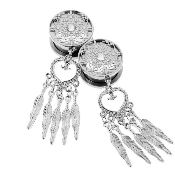 

8-16mm dreamcatcher with feathers dangle style ear plugs tunnels stainless steel ear piercings jewelry, Slivery;golden