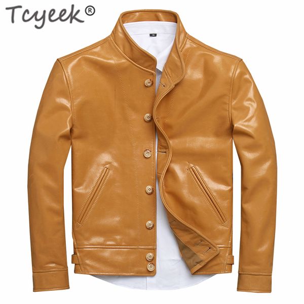 

tcyeek vintage genuine leather jacket men winter cloth 2019 streetwear cow leather coat male motorcycle real coats 1905a, Black