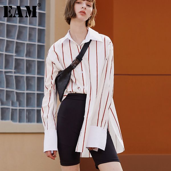 

eam] women striped split joint hit color blouse new lapel long sleeve loose fit shirt fashion tide spring autumn 2020 1b157, White