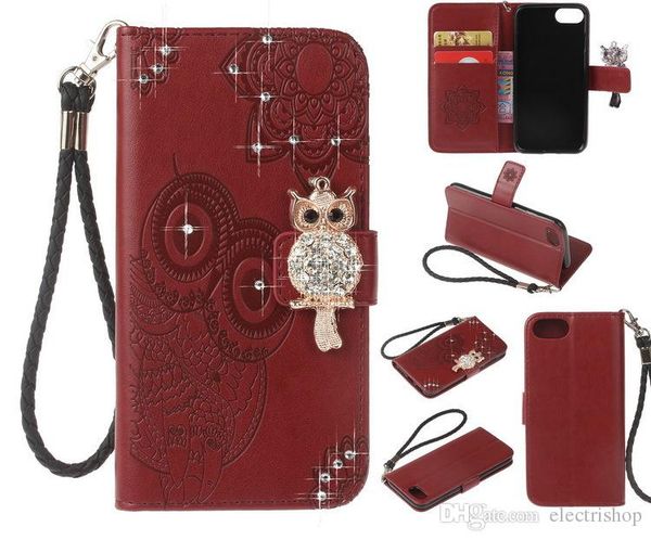 

creative crystal owl embossed leather case wallet card pocket phone case knitted rope cover for samsung for iphone 5 6 7 8 plus x