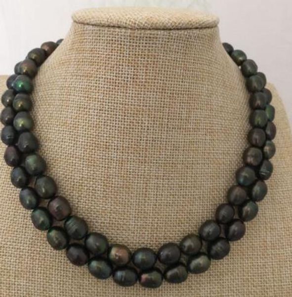 

double strands 10-11mm tahitian black baroque green pearl necklace 18 "19", Silver
