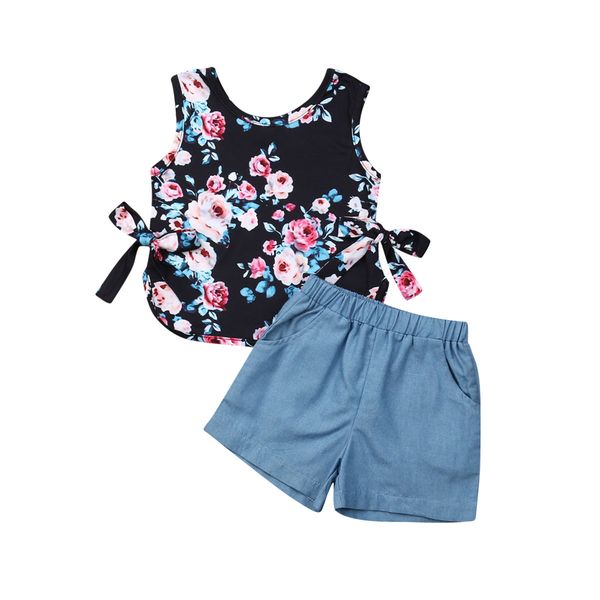 

emmababy 2019 лето малышей дети девочка одежда цветочные темно-синие топы футболка кружевные шорты 2 шт. мода симпатичные наряды одежда, White