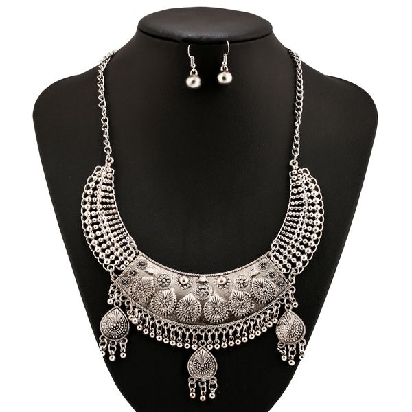 

women alloy multi-level retro flower carved hollow tassel necklace silver