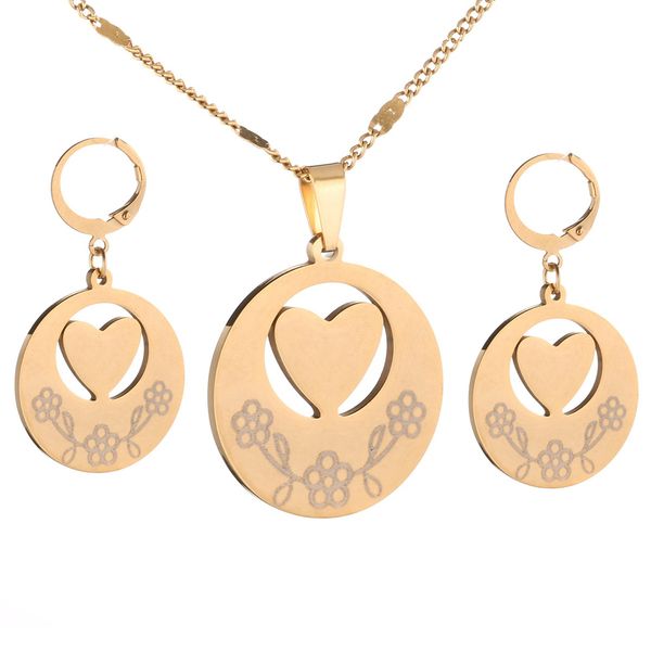 

stainless steel trendy heart jewelry set for women girls flower pattern pendant chain earrings jewelry set, Silver