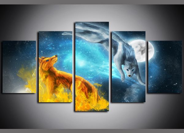 

5 panels snow fox moonlit night artwork giclee canvas art print modern abstract fox pictures paintings on canvas wall art for home decor