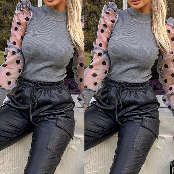 

women sheer mesh puff long sleeve patchwork knit blouse polka dot perspective slim high collar fashion long sleeve autumn pullover, White