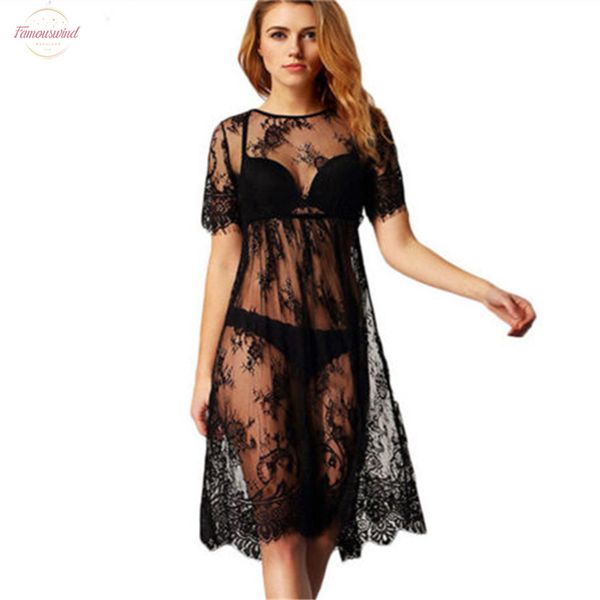 

women summer dress crew neck beachwear perspective lace halter short sleeve knee length dress crochet summer swimsuit cover up, Black;gray