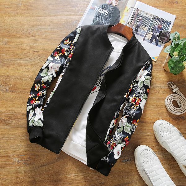

spring jackets men fashion 2019 men bomber jacket pu leather patchwork long sleeve slim fit windbreaker floral jacket 8xl-m, Black;brown